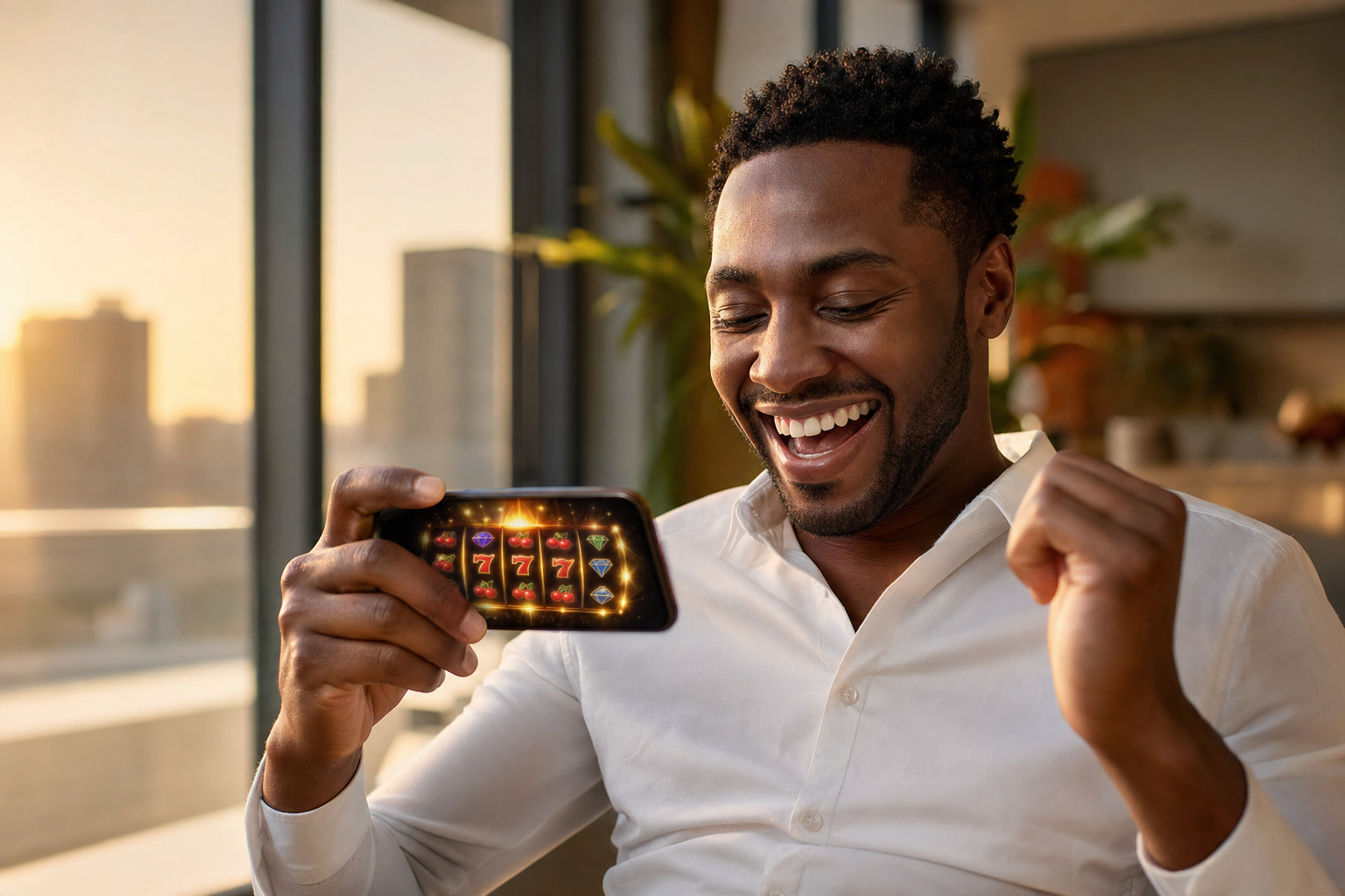 South African man checking his phone at golden hour