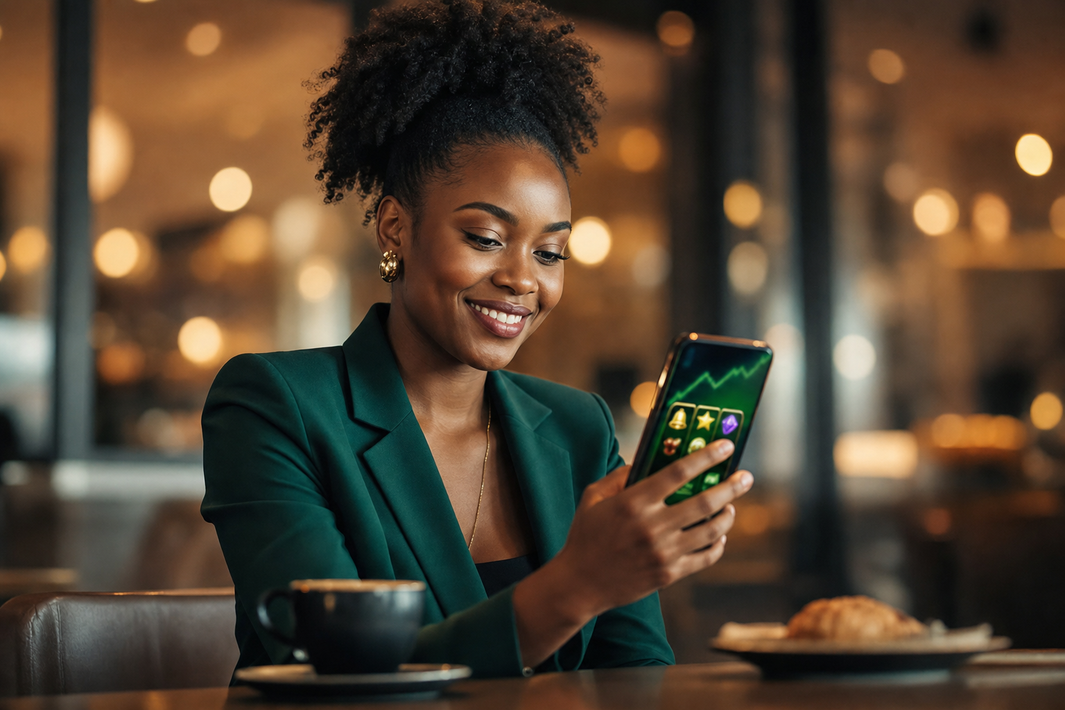South African woman in an emerald blazer reading the news in a Sandton coffee shop