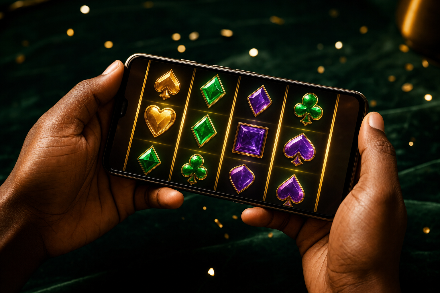Close-up of hands holding a mobile phone with a slot game on screen