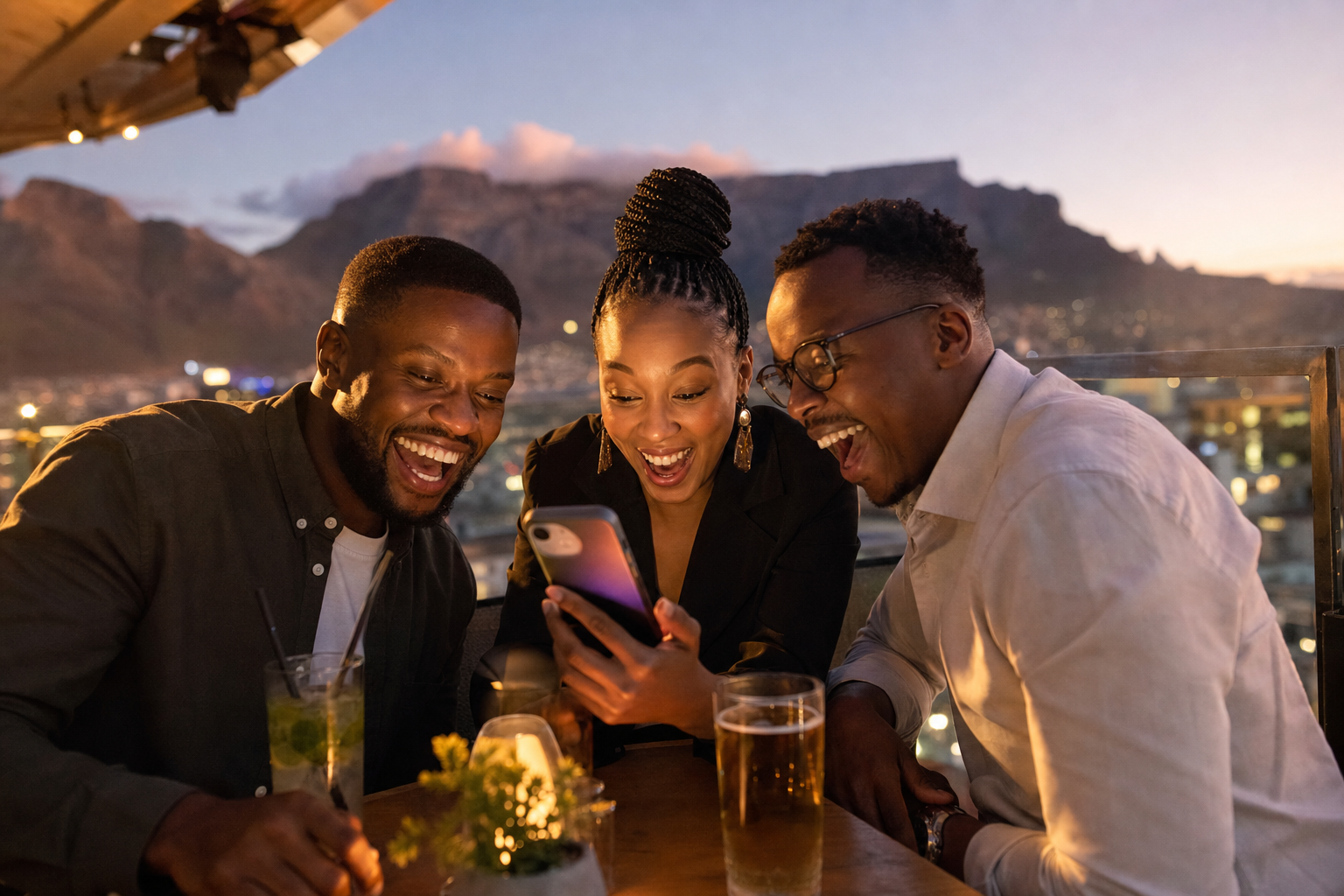 Three South African friends celebrating a casual evening at a Cape Town rooftop with Table Mountain in the background